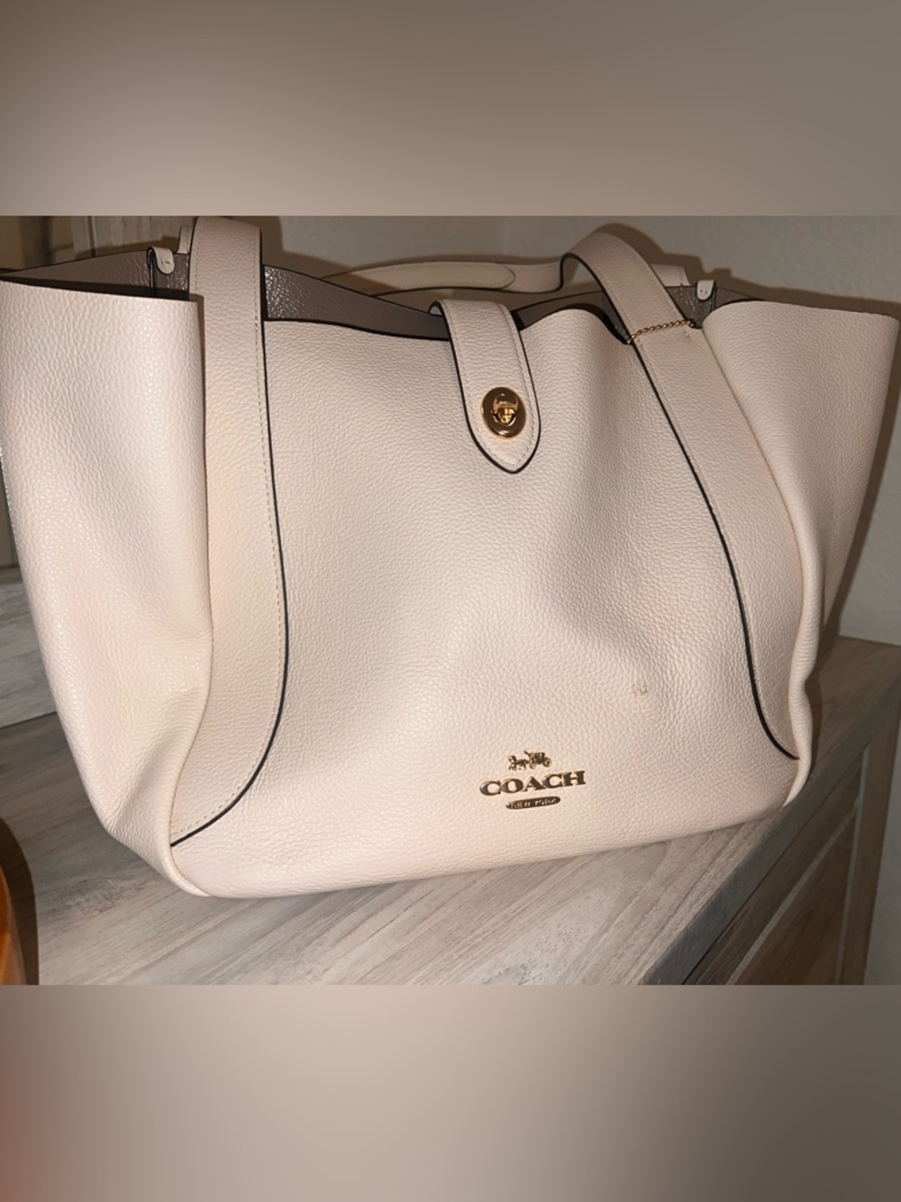 Coach Hadley Turnlock Pebbled Leather Tote Bag in Cream/Chalk| Everyday Work Bag